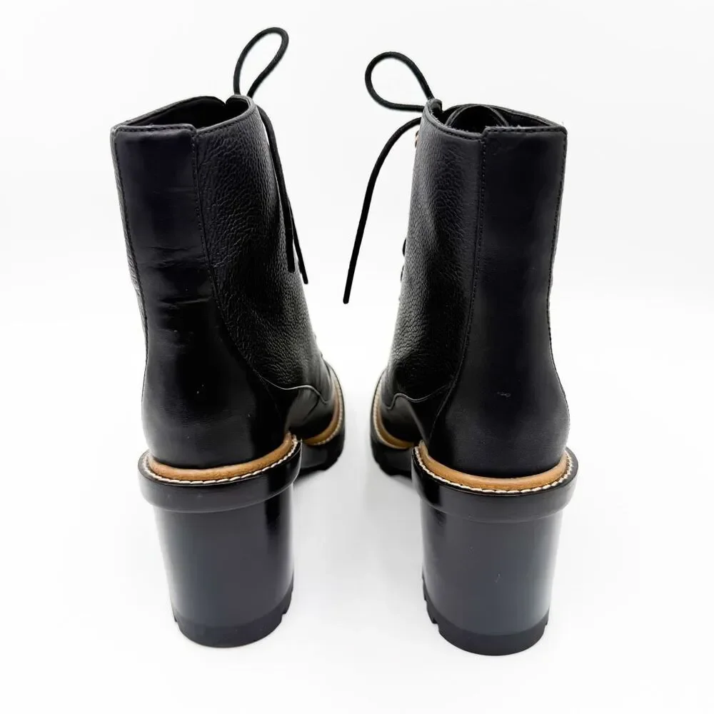 Tory Burch Miller Leather Lace Up Boots Lug Sole Black Leather Size 10